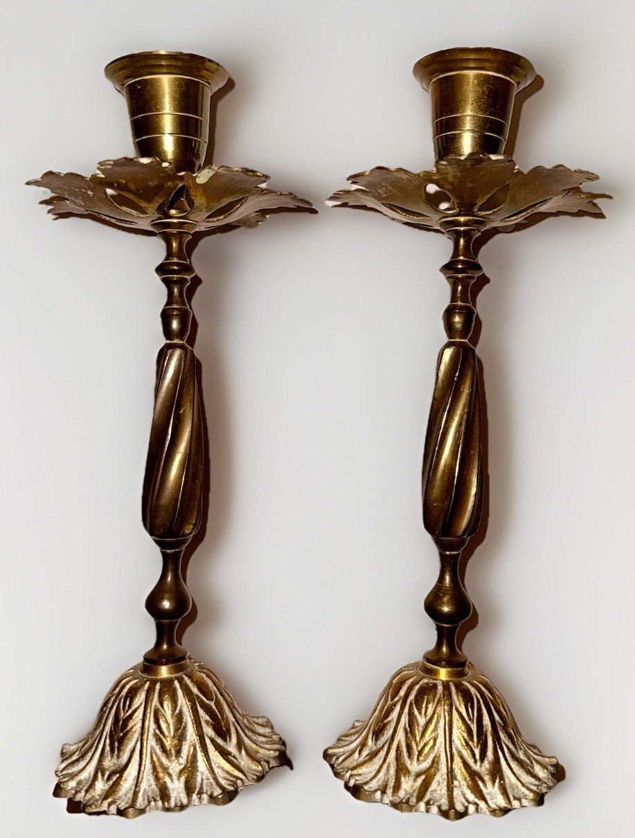 Unusual Pair Brass Candlesticks with Leafy Bobeches and Bases 8 1/4" High - AntiquesEtceteraUnusual Pair Brass Candlesticks with Leafy Bobeches and Bases 8 1/4" HighUnbrandedAntiquesEtcetera