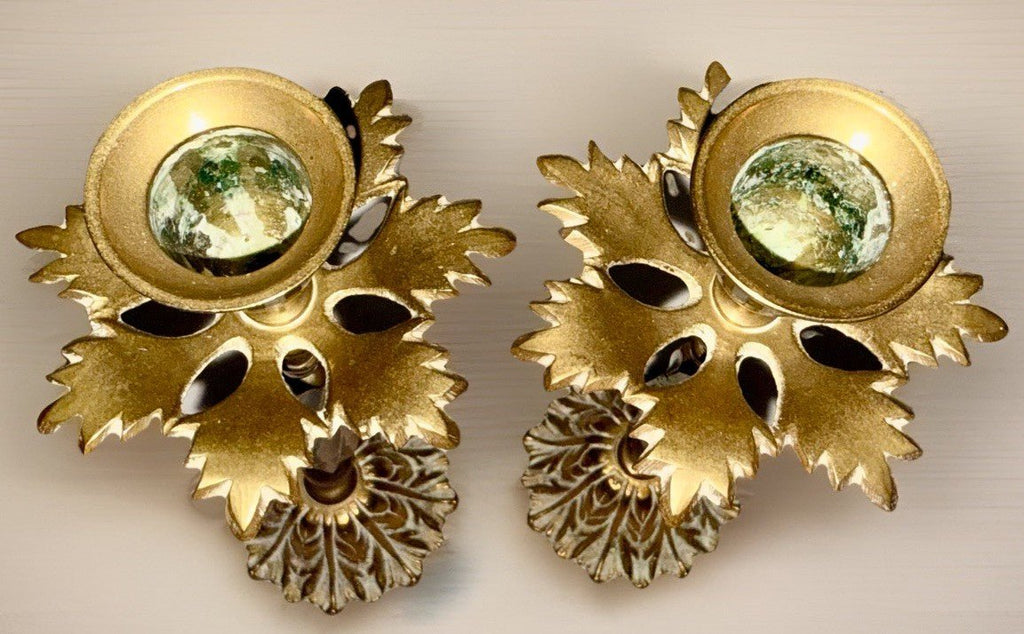 Unusual Pair Brass Candlesticks with Leafy Bobeches and Bases 8 1/4" High - AntiquesEtceteraUnusual Pair Brass Candlesticks with Leafy Bobeches and Bases 8 1/4" HighUnbrandedAntiquesEtcetera
