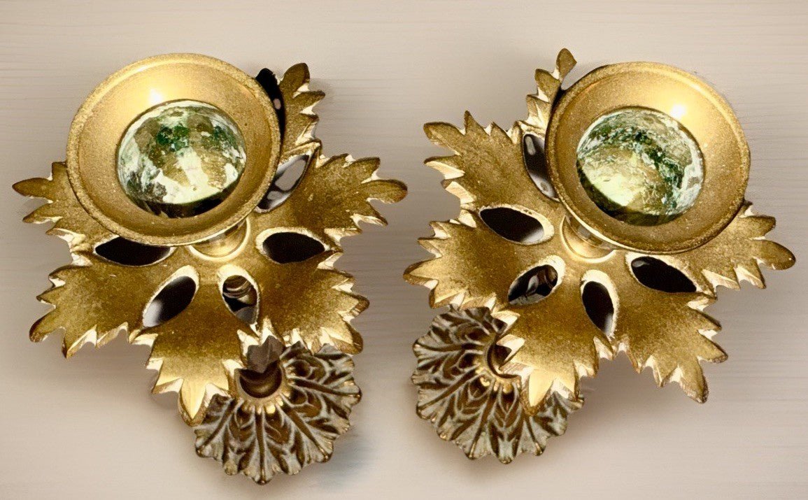 Unusual Pair Brass Candlesticks with Leafy Bobeches and Bases 8 1/4" High - AntiquesEtceteraUnusual Pair Brass Candlesticks with Leafy Bobeches and Bases 8 1/4" HighUnbrandedAntiquesEtcetera