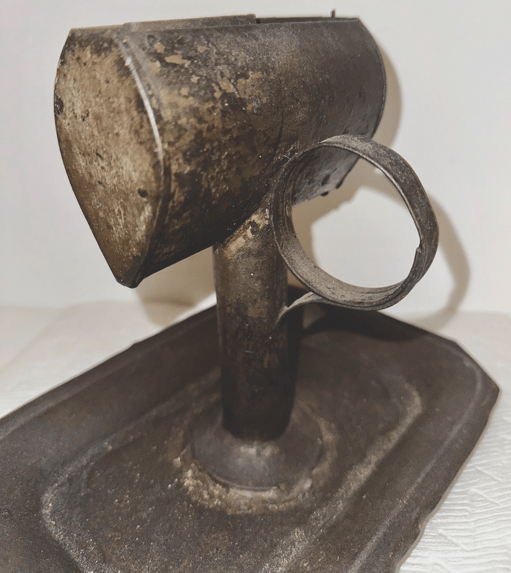 Unusual Primitive Lard Whale Oil Hand Lamp w/ Large Drip Catcher Tray Base 1700s - AntiquesEtceteraUnusual Primitive Lard Whale Oil Hand Lamp w/ Large Drip Catcher Tray Base 1700sAntiqueAntiquesEtcetera