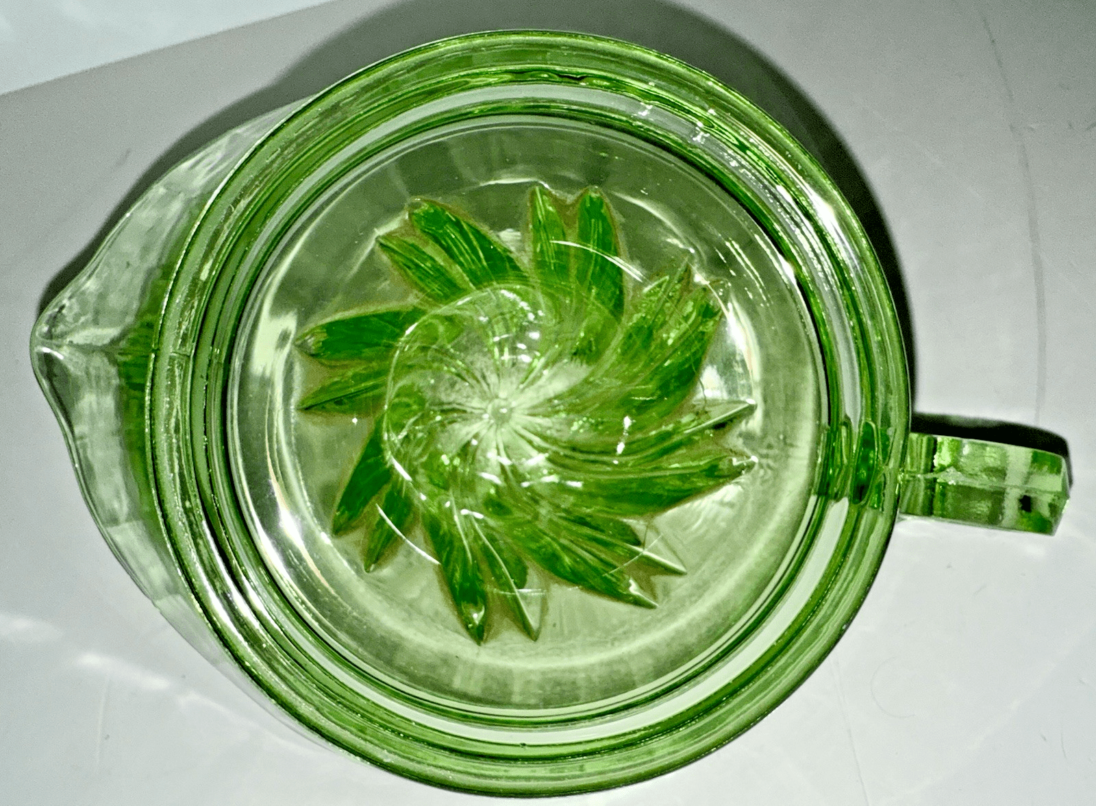 Uranium Green Glass Juicer Reamer Bowl w/ Diagonal Swirled Center, Pour Spout - AntiquesEtceteraUranium Green Glass Juicer Reamer Bowl w/ Diagonal Swirled Center, Pour SpoutUnmarkedAntiquesEtcetera