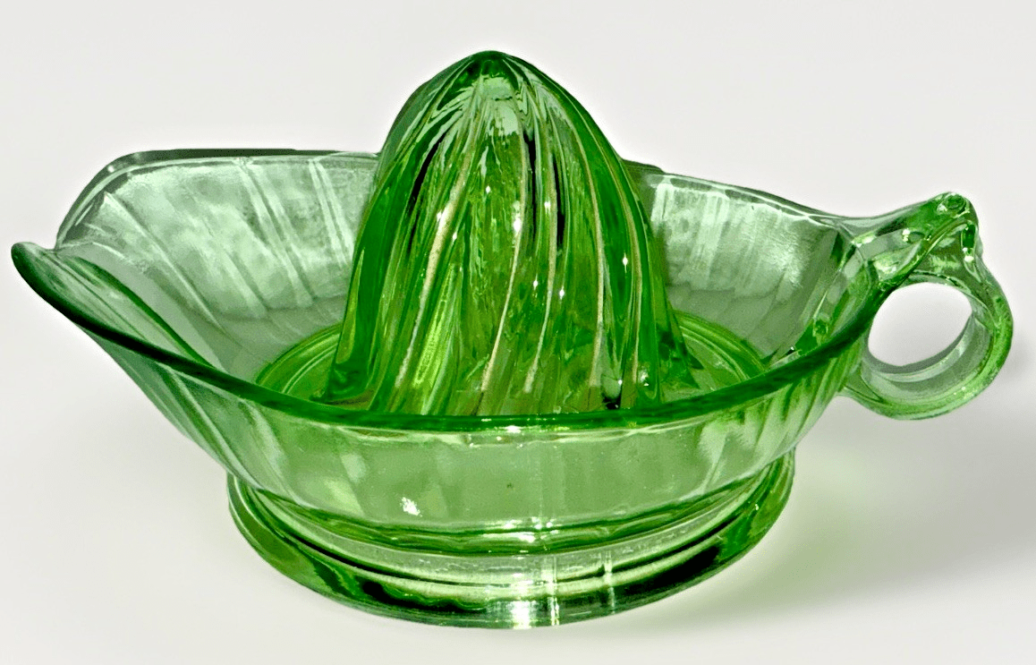Uranium Green Glass Juicer Reamer Bowl w/ Diagonal Swirled Center, Pour Spout - AntiquesEtceteraUranium Green Glass Juicer Reamer Bowl w/ Diagonal Swirled Center, Pour SpoutUnmarkedAntiquesEtcetera
