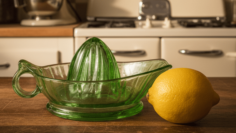Uranium Green Glass Juicer Reamer Bowl w/ Diagonal Swirled Center, Pour SpoutAntiquesEtcetera