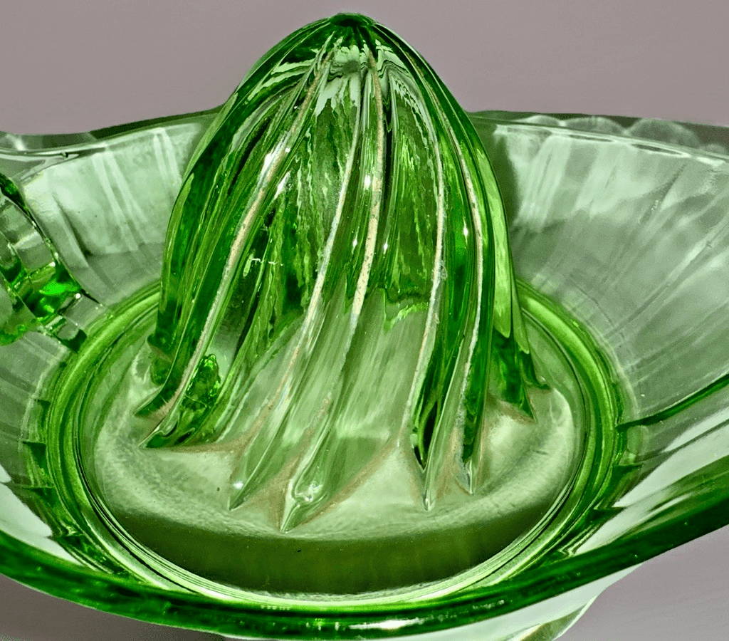 Uranium Green Glass Juicer Reamer Bowl w/ Diagonal Swirled Center, Pour Spout - AntiquesEtceteraUranium Green Glass Juicer Reamer Bowl w/ Diagonal Swirled Center, Pour SpoutUnmarkedAntiquesEtcetera