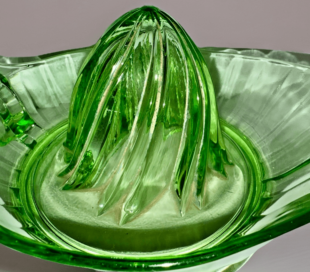 Uranium Green Glass Juicer Reamer Bowl w/ Diagonal Swirled Center, Pour Spout - AntiquesEtceteraUranium Green Glass Juicer Reamer Bowl w/ Diagonal Swirled Center, Pour SpoutUnmarkedAntiquesEtcetera