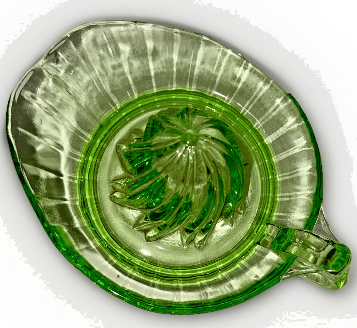 Uranium Green Glass Juicer Reamer Bowl w/ Diagonal Swirled Center, Pour Spout - AntiquesEtceteraUranium Green Glass Juicer Reamer Bowl w/ Diagonal Swirled Center, Pour SpoutUnmarkedAntiquesEtcetera