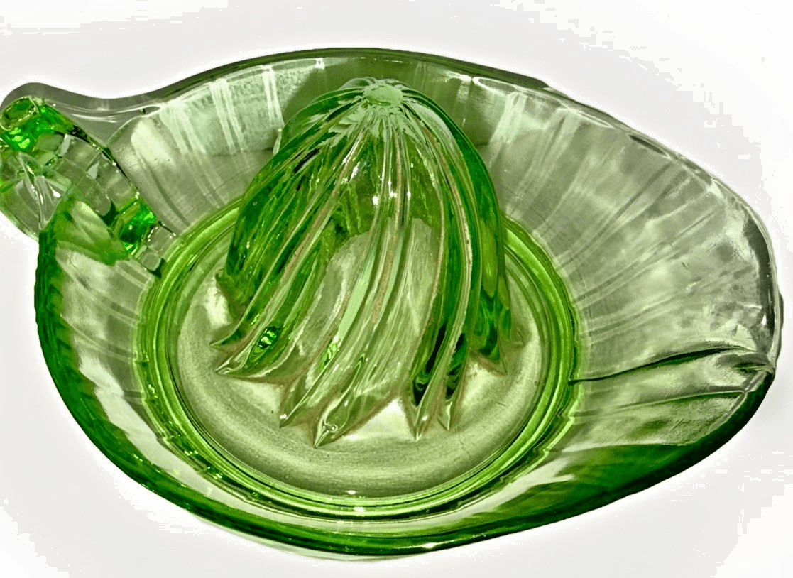 Uranium Green Glass Juicer Reamer Bowl w/ Diagonal Swirled Center, Pour Spout - AntiquesEtceteraUranium Green Glass Juicer Reamer Bowl w/ Diagonal Swirled Center, Pour SpoutUnmarkedAntiquesEtcetera