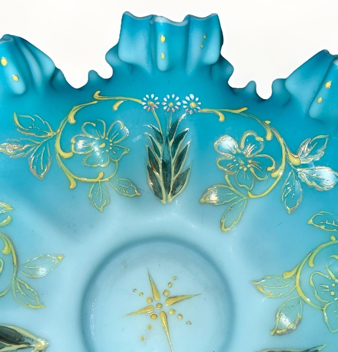 Victorian Cased Glass Bride's Basket Bowl Blue w/ Polychrome Enamel Floral 9.75" - AntiquesEtceteraVictorian Cased Glass Bride's Basket Bowl Blue w/ Polychrome Enamel Floral 9.75"AntiquesEtceteraAntiquesEtcetera