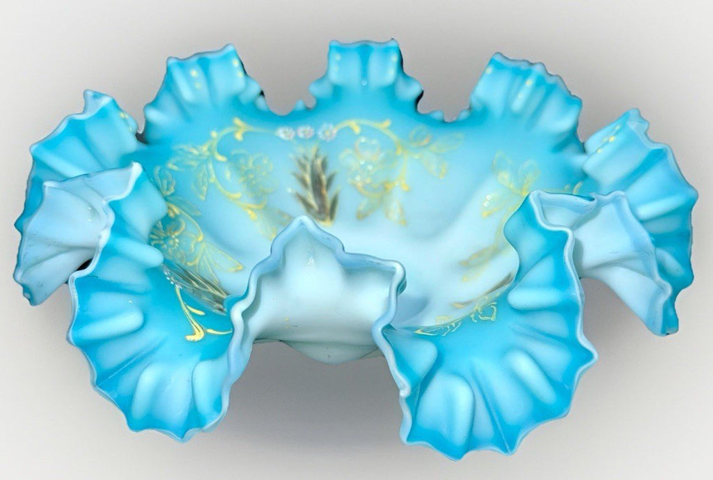 Victorian Cased Glass Bride's Basket Bowl Blue w/ Polychrome Enamel Floral 9.75" - AntiquesEtceteraVictorian Cased Glass Bride's Basket Bowl Blue w/ Polychrome Enamel Floral 9.75"AntiquesEtceteraAntiquesEtcetera