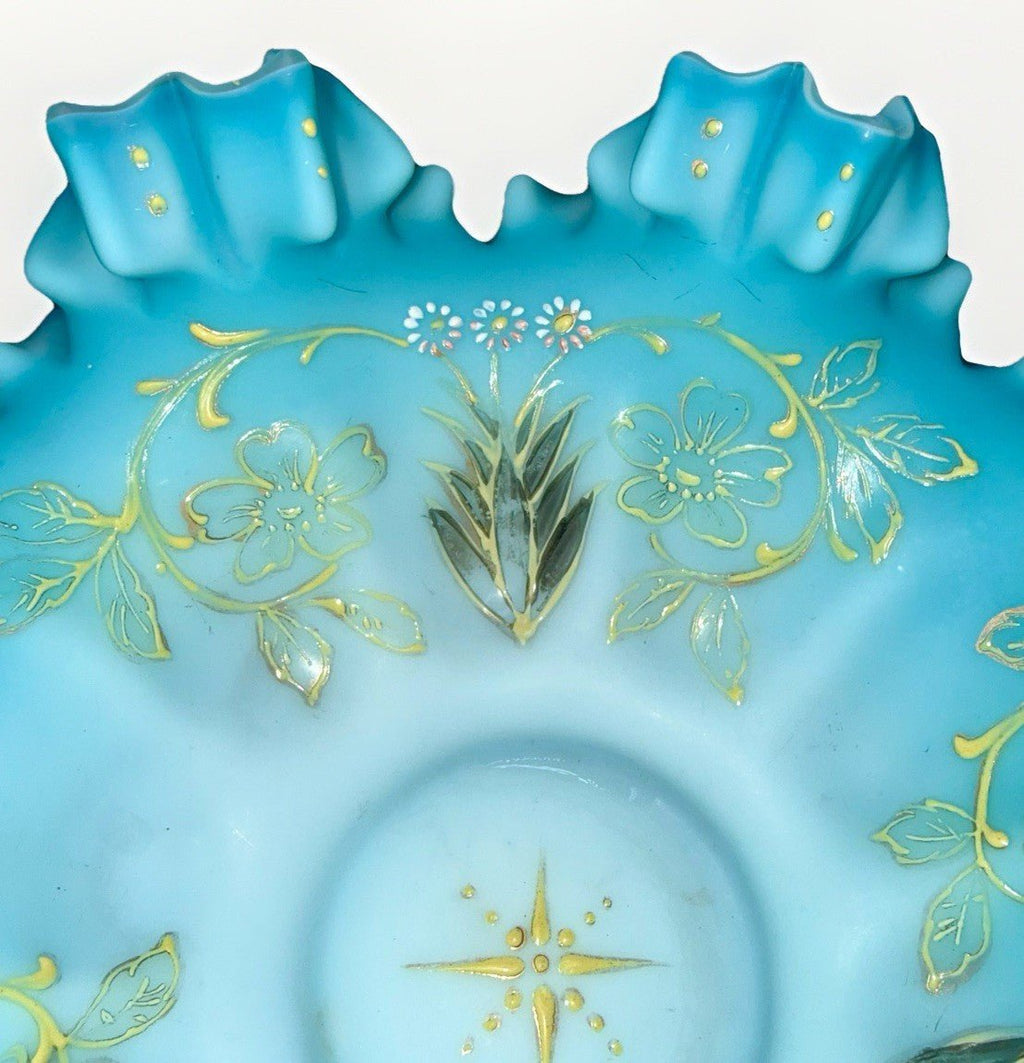 Victorian Cased Glass Bride's Basket Bowl Blue w/ Polychrome Enamel Floral 9.75" - AntiquesEtceteraVictorian Cased Glass Bride's Basket Bowl Blue w/ Polychrome Enamel Floral 9.75"AntiquesEtceteraAntiquesEtcetera