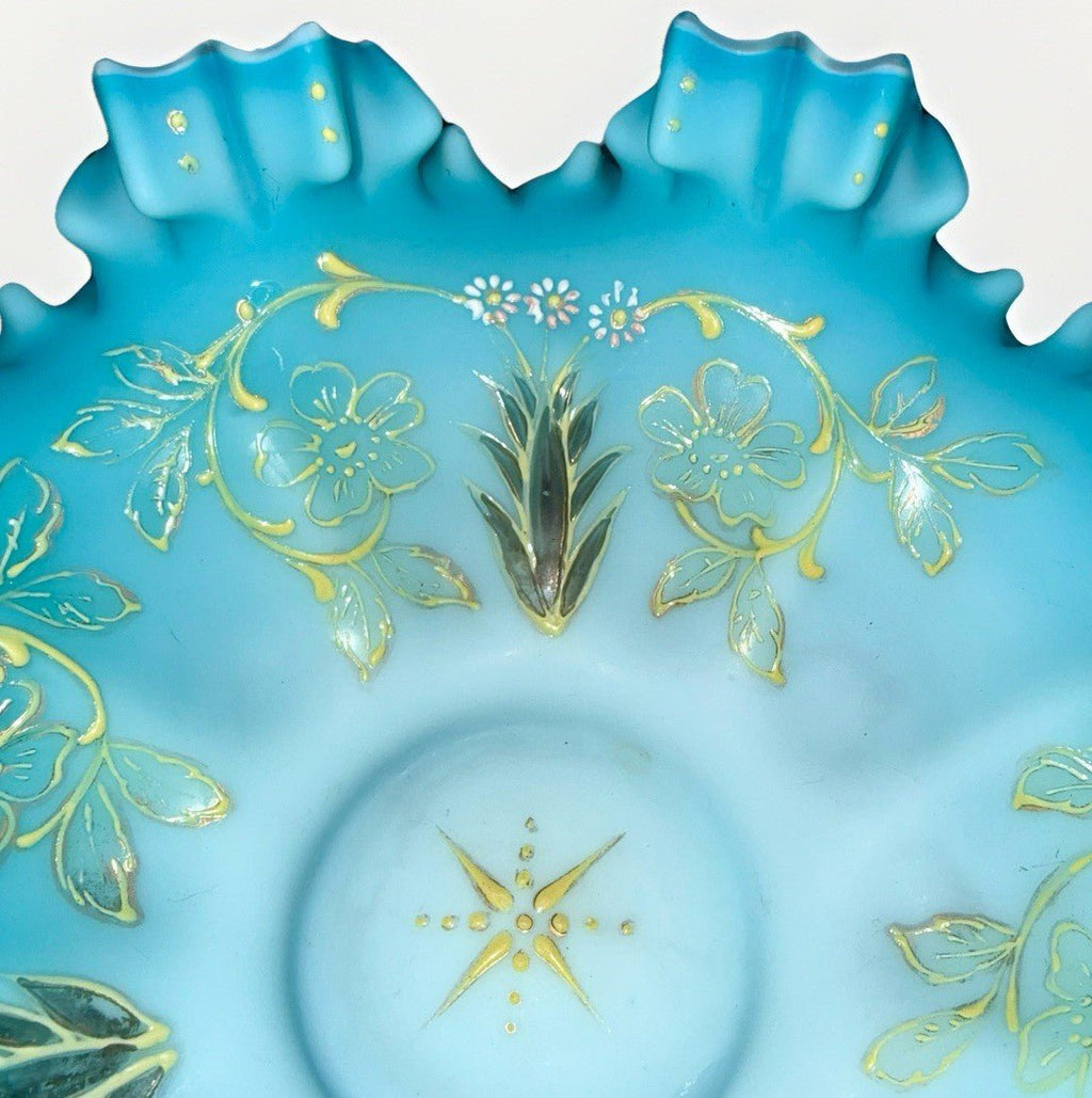 Victorian Cased Glass Bride's Basket Bowl Blue w/ Polychrome Enamel Floral 9.75" - AntiquesEtceteraVictorian Cased Glass Bride's Basket Bowl Blue w/ Polychrome Enamel Floral 9.75"AntiquesEtceteraAntiquesEtcetera