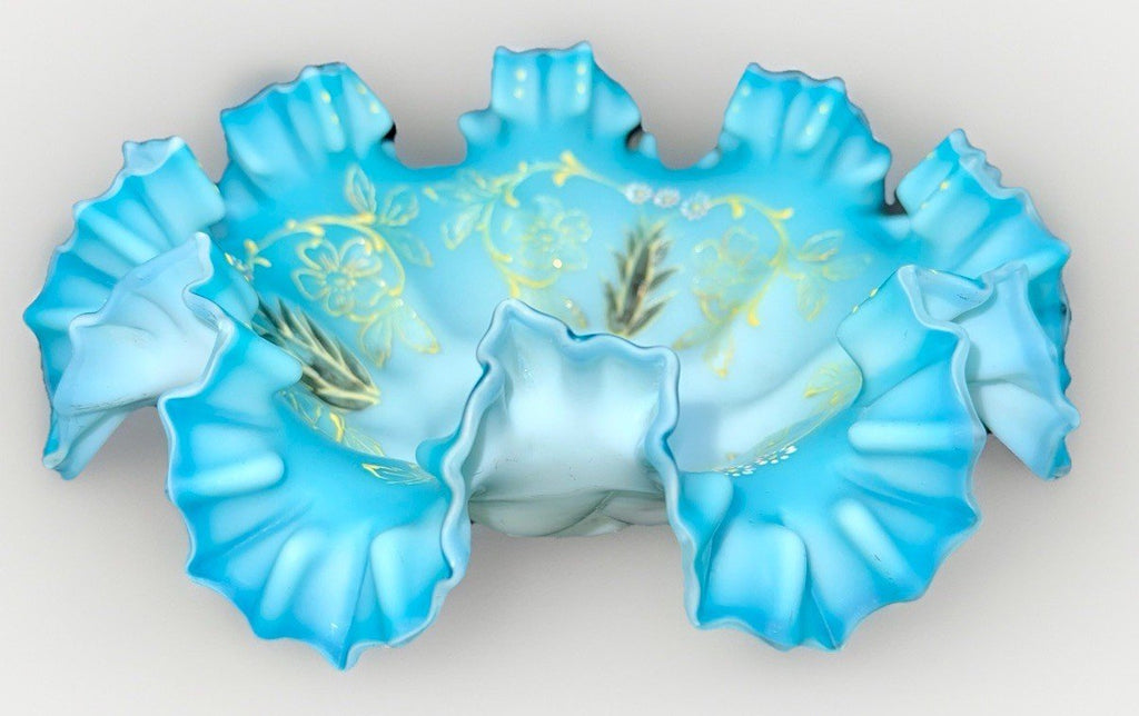 Victorian Cased Glass Bride's Basket Bowl Blue w/ Polychrome Enamel Floral 9.75" - AntiquesEtceteraVictorian Cased Glass Bride's Basket Bowl Blue w/ Polychrome Enamel Floral 9.75"AntiquesEtceteraAntiquesEtcetera