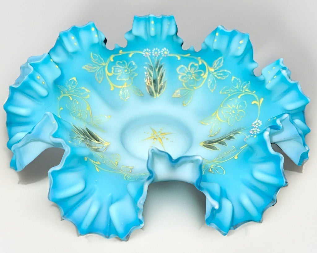 Victorian Cased Glass Bride's Basket Bowl Blue w/ Polychrome Enamel Floral 9.75" - AntiquesEtceteraVictorian Cased Glass Bride's Basket Bowl Blue w/ Polychrome Enamel Floral 9.75"AntiquesEtceteraAntiquesEtcetera