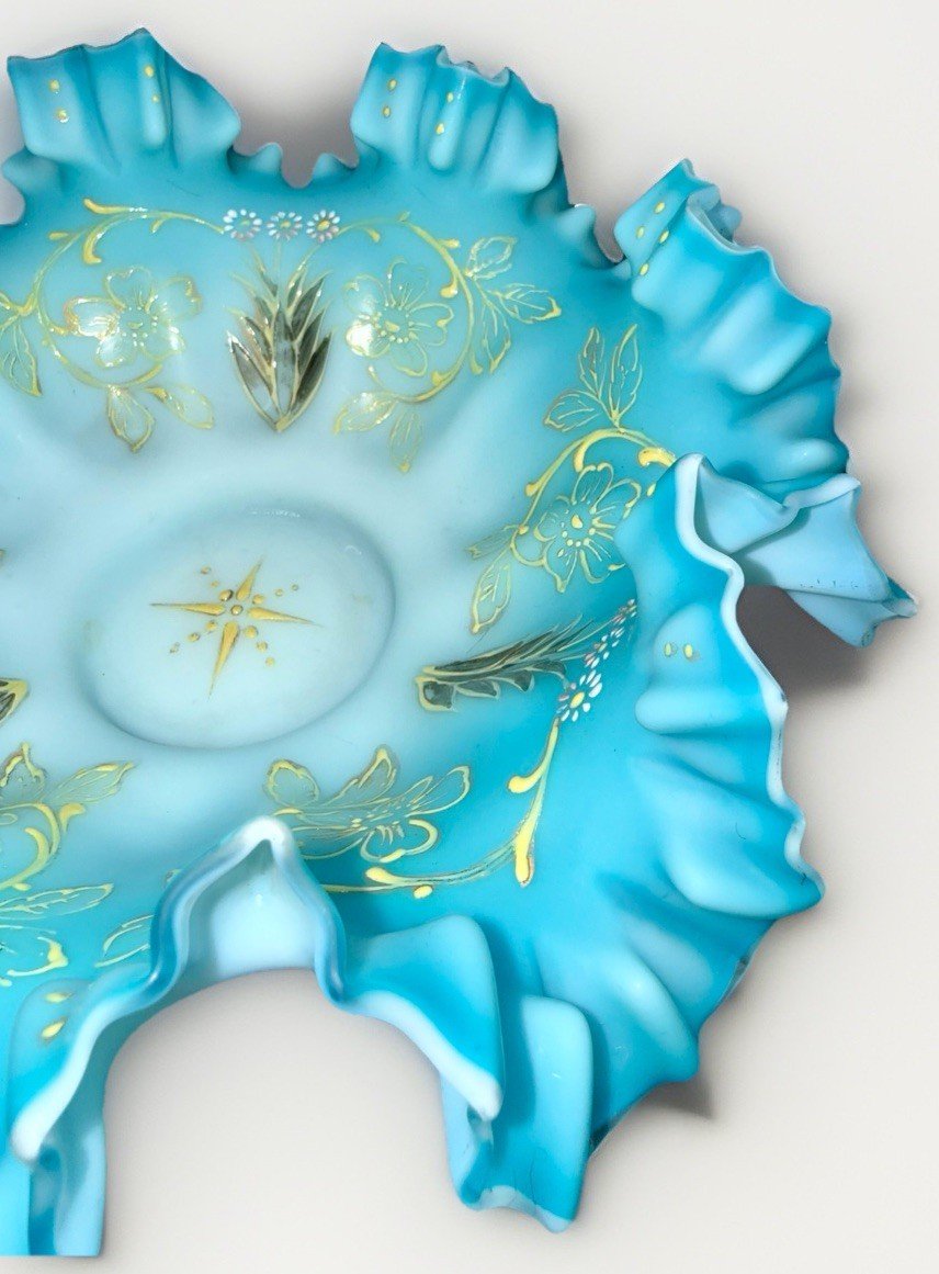 Victorian Cased Glass Bride's Basket Bowl Blue w/ Polychrome Enamel Floral 9.75" - AntiquesEtceteraVictorian Cased Glass Bride's Basket Bowl Blue w/ Polychrome Enamel Floral 9.75"AntiquesEtceteraAntiquesEtcetera
