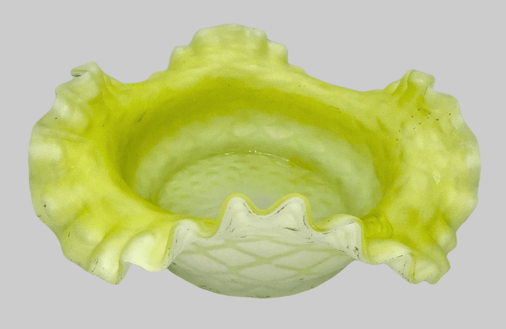 Victorian Cased Glass Bride's Basket Bowl Yellow Satin Floral & Basketweave - AntiquesEtceteraVictorian Cased Glass Bride's Basket Bowl Yellow Satin Floral & BasketweaveAntiquesEtceteraAntiquesEtcetera