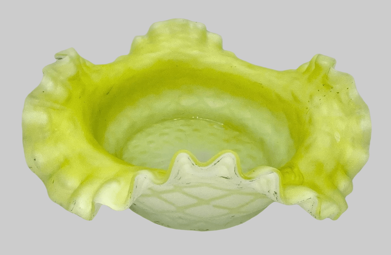 Victorian Cased Glass Bride's Basket Bowl Yellow Satin Floral & Basketweave - AntiquesEtceteraVictorian Cased Glass Bride's Basket Bowl Yellow Satin Floral & BasketweaveAntiquesEtceteraAntiquesEtcetera