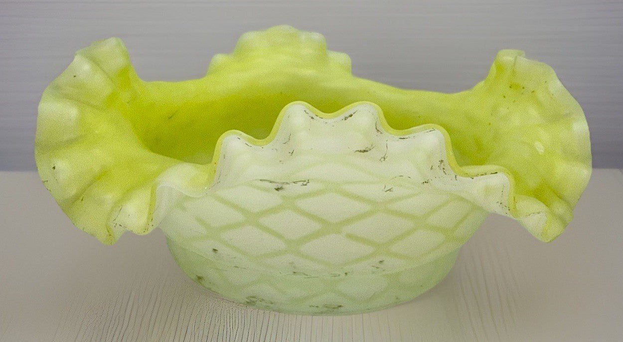 Victorian Cased Glass Bride's Basket Bowl Yellow Satin Floral & Basketweave - AntiquesEtceteraVictorian Cased Glass Bride's Basket Bowl Yellow Satin Floral & BasketweaveAntiquesEtceteraAntiquesEtcetera