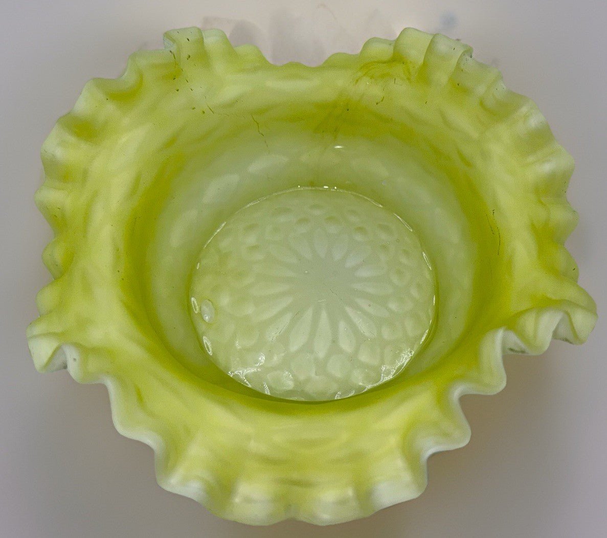 Victorian Cased Glass Bride's Basket Bowl Yellow Satin Floral & Basketweave - AntiquesEtceteraVictorian Cased Glass Bride's Basket Bowl Yellow Satin Floral & BasketweaveAntiquesEtceteraAntiquesEtcetera