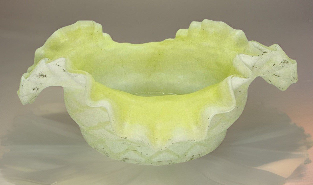 Victorian Cased Glass Bride's Basket Bowl Yellow Satin Floral & Basketweave - AntiquesEtceteraVictorian Cased Glass Bride's Basket Bowl Yellow Satin Floral & BasketweaveAntiquesEtceteraAntiquesEtcetera