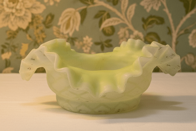 Victorian Cased Glass Bride's Basket Bowl Yellow Satin Floral & Basketweave - AntiquesEtceteraVictorian Cased Glass Bride's Basket Bowl Yellow Satin Floral & BasketweaveAntiquesEtceteraAntiquesEtcetera