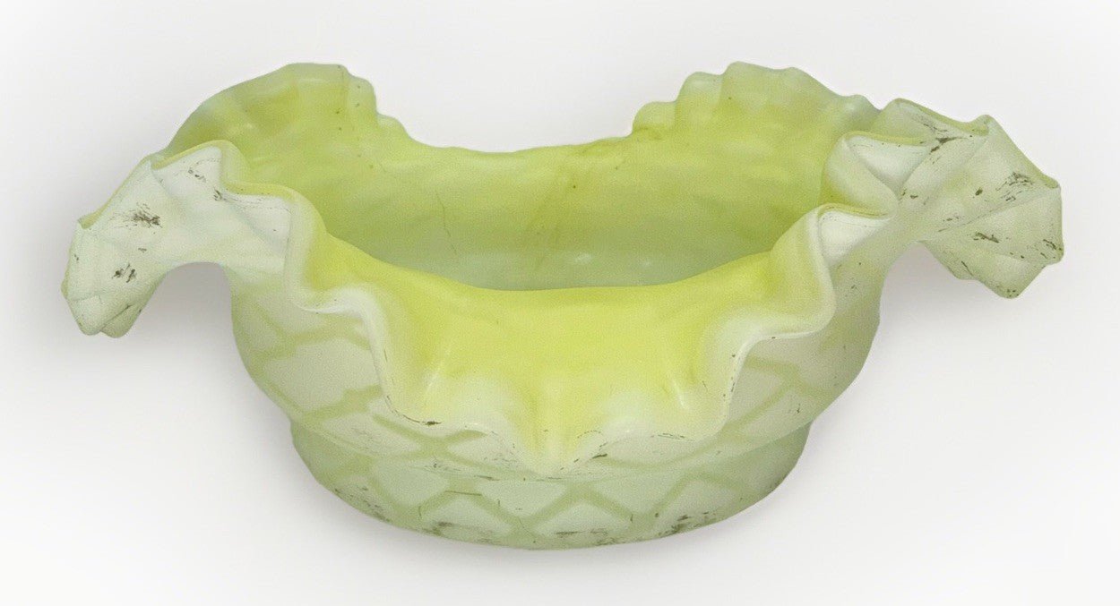 Victorian Cased Glass Bride's Basket Bowl Yellow Satin Floral & Basketweave - AntiquesEtceteraVictorian Cased Glass Bride's Basket Bowl Yellow Satin Floral & BasketweaveAntiquesEtceteraAntiquesEtcetera