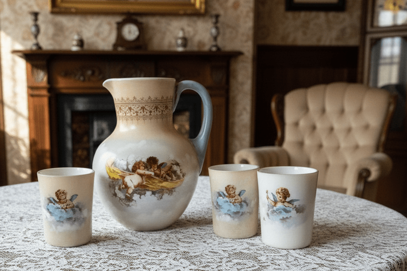 Victorian Cherub Motif Water Set Art Glass Wave Crest Style Pitcher & 3 Tumblers - AntiquesEtceteraVictorian Cherub Motif Water Set Art Glass Wave Crest Style Pitcher & 3 TumblersAntiquesEtceteraAntiquesEtcetera