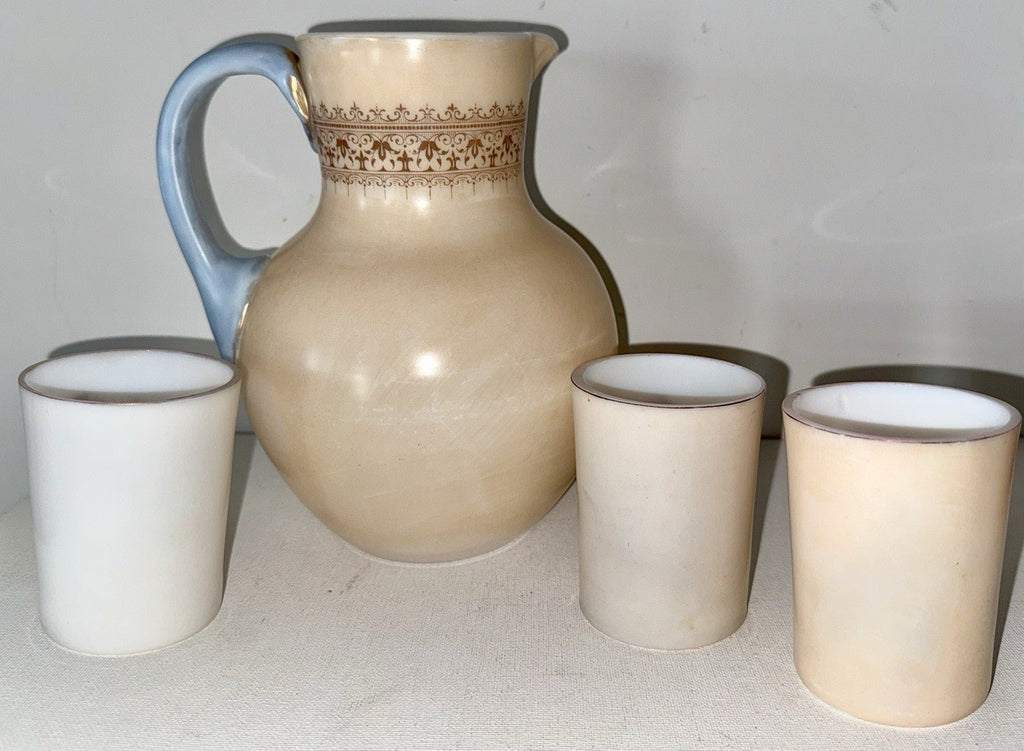 Victorian Cherub Motif Water Set Art Glass Wave Crest Style Pitcher & 3 Tumblers - AntiquesEtceteraVictorian Cherub Motif Water Set Art Glass Wave Crest Style Pitcher & 3 TumblersAntiquesEtceteraAntiquesEtcetera