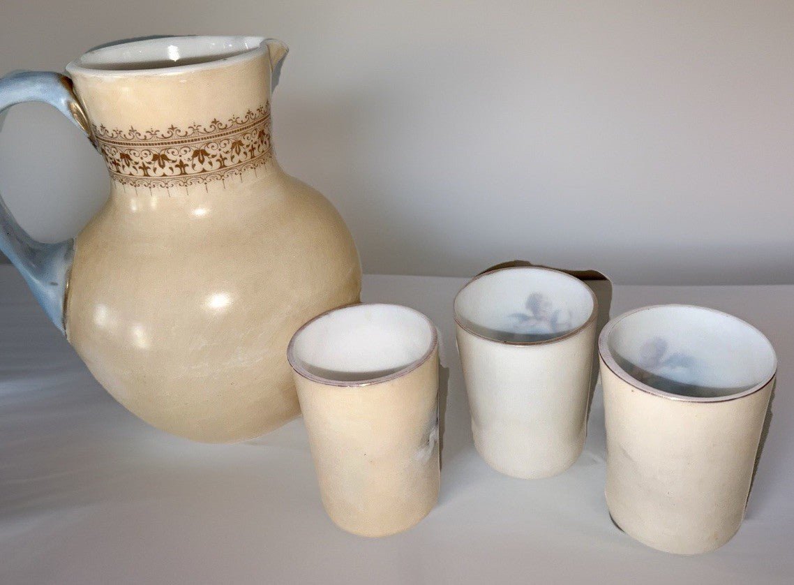 Victorian Cherub Motif Water Set Art Glass Wave Crest Style Pitcher & 3 Tumblers - AntiquesEtceteraVictorian Cherub Motif Water Set Art Glass Wave Crest Style Pitcher & 3 TumblersAntiquesEtceteraAntiquesEtcetera