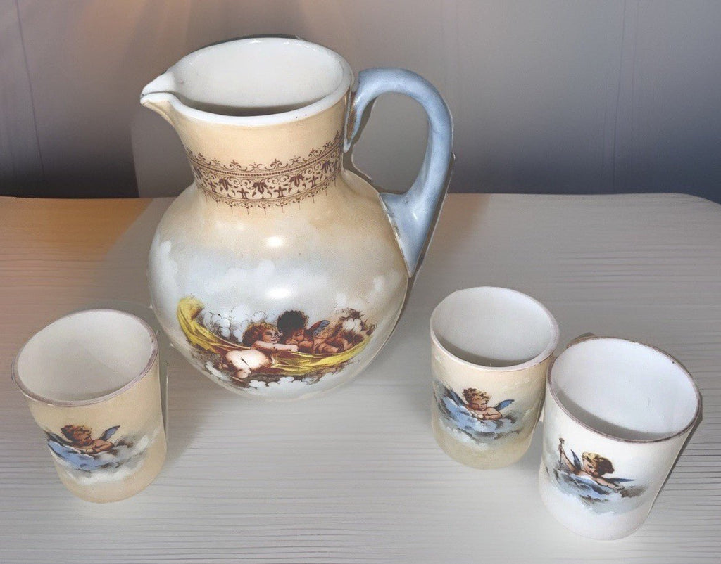 Victorian Cherub Motif Water Set Art Glass Wave Crest Style Pitcher & 3 Tumblers - AntiquesEtceteraVictorian Cherub Motif Water Set Art Glass Wave Crest Style Pitcher & 3 TumblersAntiquesEtceteraAntiquesEtcetera