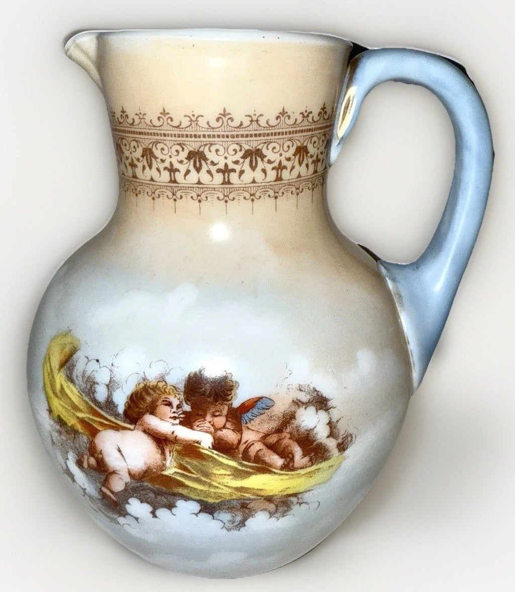 Victorian Cherub Motif Water Set Art Glass Wave Crest Style Pitcher & 3 Tumblers - AntiquesEtceteraVictorian Cherub Motif Water Set Art Glass Wave Crest Style Pitcher & 3 TumblersAntiquesEtceteraAntiquesEtcetera