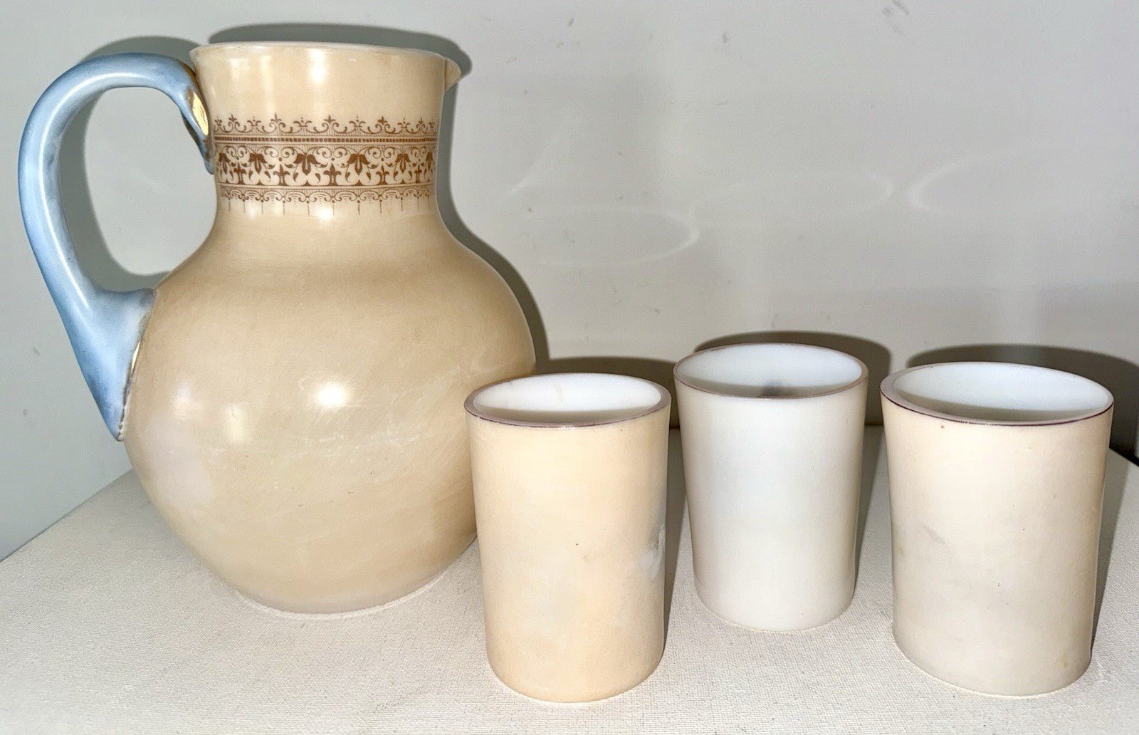Victorian Cherub Motif Water Set Art Glass Wave Crest Style Pitcher & 3 Tumblers - AntiquesEtceteraVictorian Cherub Motif Water Set Art Glass Wave Crest Style Pitcher & 3 TumblersAntiquesEtceteraAntiquesEtcetera