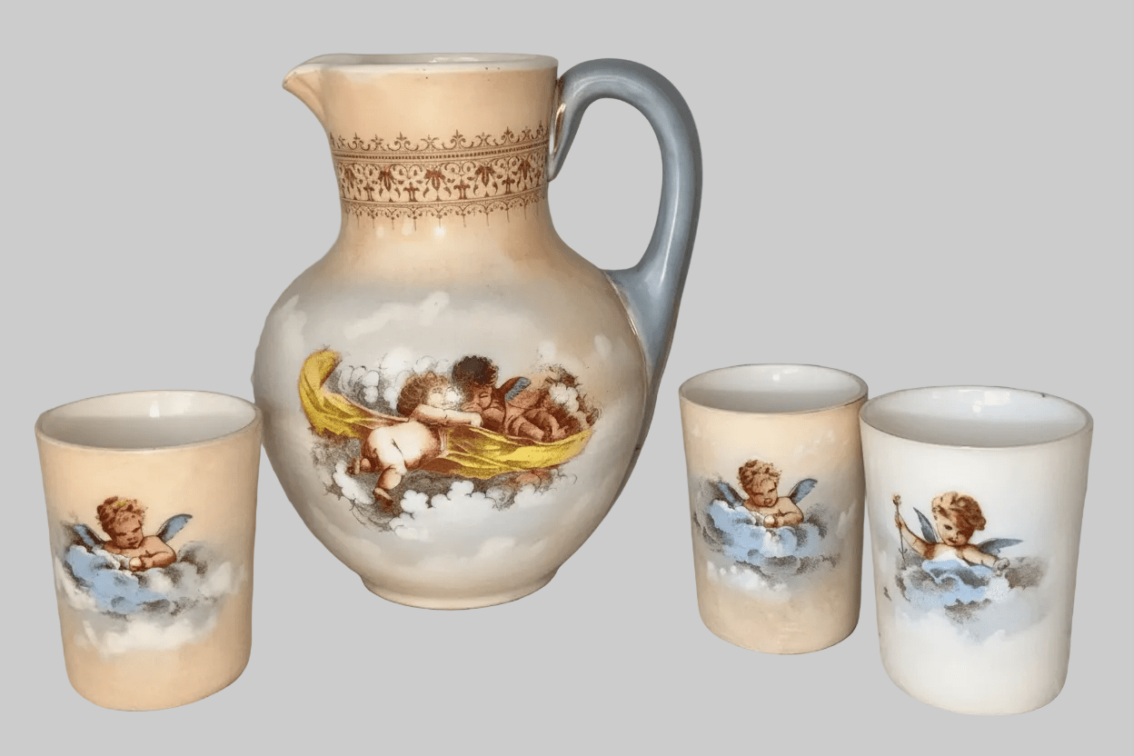 Victorian Cherub Motif Water Set Art Glass Wave Crest Style Pitcher & 3 Tumblers - AntiquesEtceteraVictorian Cherub Motif Water Set Art Glass Wave Crest Style Pitcher & 3 TumblersAntique Water SetAntiquesEtceteraAntiquesEtcetera