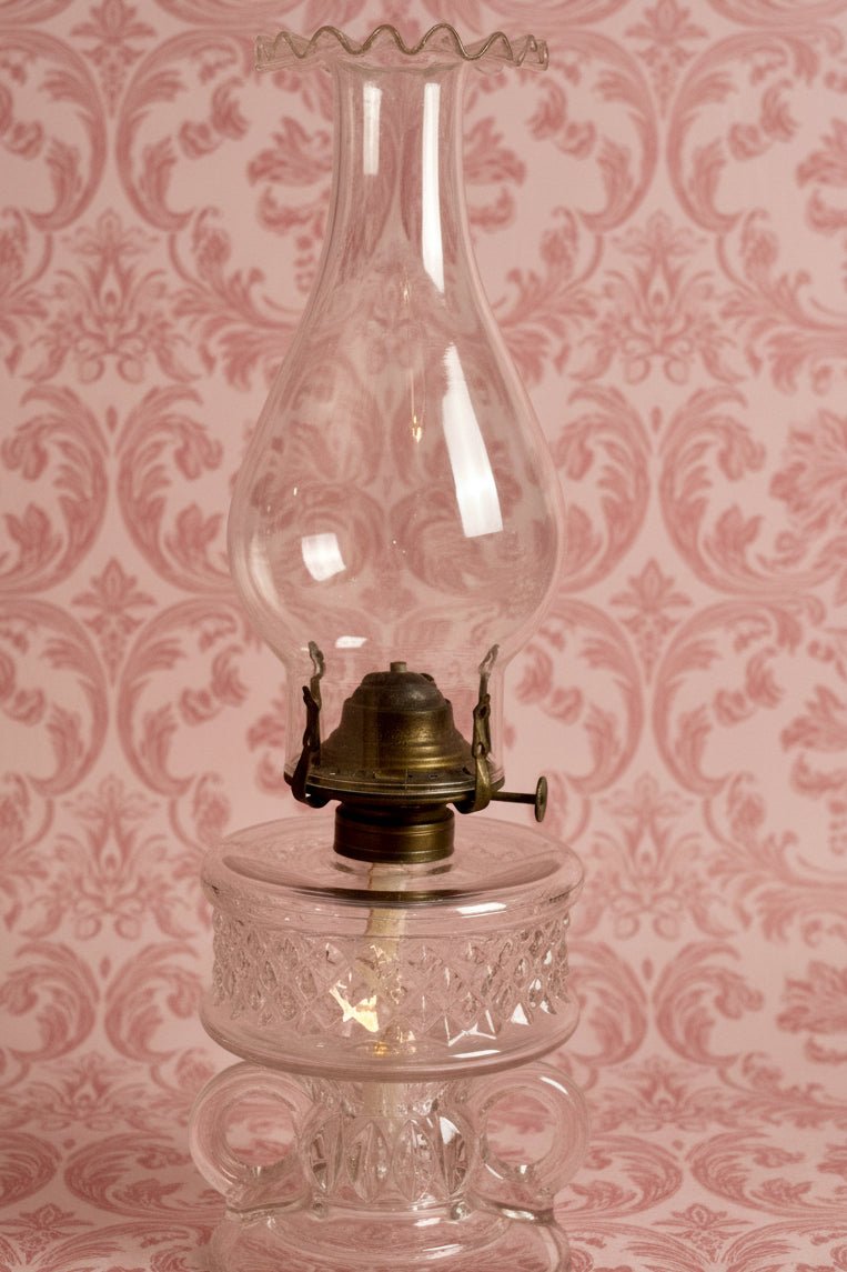 Victorian Oil Lamp Wedding / Bridal Double Handle Unity Lamp Stunning Diamond Point Motif with Petticoat Chimney - AntiquesEtceteraVictorian Oil Lamp Wedding / Bridal Double Handle Unity Lamp Stunning Diamond Point Motif with Petticoat ChimneyAntique LightingAntiquesEtceteraAntiquesEtcetera
