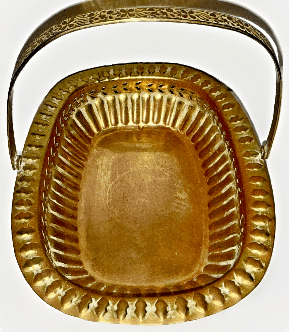 Vintage Brass Basket w/ Handle Embossed Floral w/ Reticulated Band 10 1/4" x 8" - AntiquesEtceteraVintage Brass Basket w/ Handle Embossed Floral w/ Reticulated Band 10 1/4" x 8"UnbrandedAntiquesEtcetera