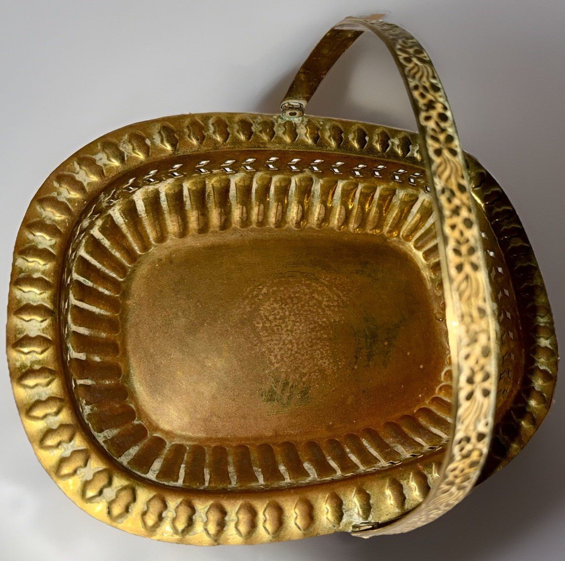 Vintage Brass Basket w/ Handle Embossed Floral w/ Reticulated Band 10 1/4" x 8" - AntiquesEtceteraVintage Brass Basket w/ Handle Embossed Floral w/ Reticulated Band 10 1/4" x 8"UnbrandedAntiquesEtcetera