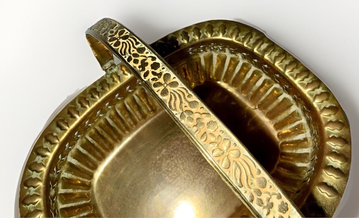 Vintage Brass Basket w/ Handle Embossed Floral w/ Reticulated Band 10 1/4" x 8" - AntiquesEtceteraVintage Brass Basket w/ Handle Embossed Floral w/ Reticulated Band 10 1/4" x 8"UnbrandedAntiquesEtcetera