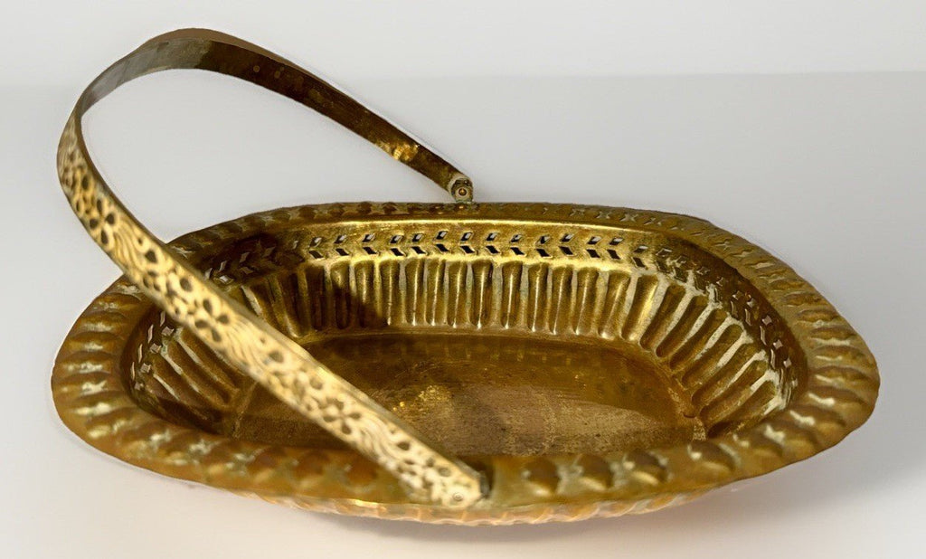 Vintage Brass Basket w/ Handle Embossed Floral w/ Reticulated Band 10 1/4" x 8" - AntiquesEtceteraVintage Brass Basket w/ Handle Embossed Floral w/ Reticulated Band 10 1/4" x 8"UnbrandedAntiquesEtcetera