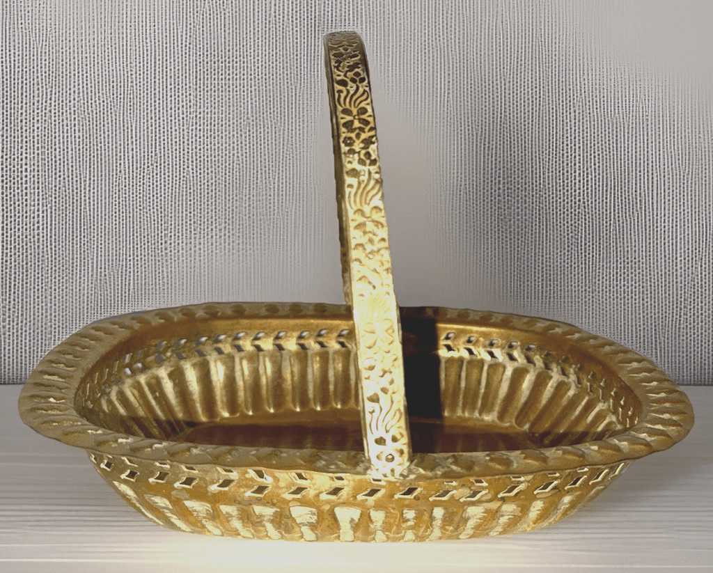 Vintage Brass Basket w/ Handle Embossed Floral w/ Reticulated Band 10 1/4" x 8" - AntiquesEtceteraVintage Brass Basket w/ Handle Embossed Floral w/ Reticulated Band 10 1/4" x 8"UnbrandedAntiquesEtcetera