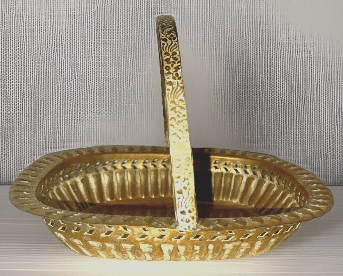 Vintage Brass Basket w/ Handle Embossed Floral w/ Reticulated Band 10 1/4" x 8" - AntiquesEtceteraVintage Brass Basket w/ Handle Embossed Floral w/ Reticulated Band 10 1/4" x 8"UnbrandedAntiquesEtcetera
