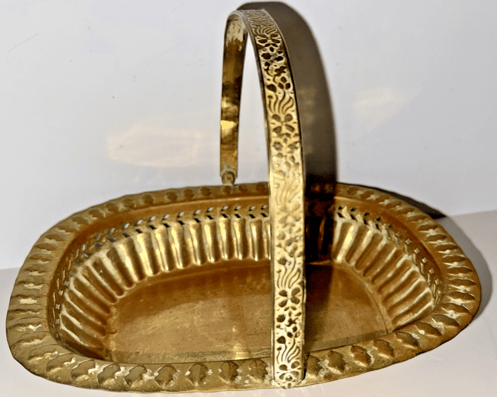 Vintage Brass Basket w/ Handle Embossed Floral w/ Reticulated Band 10 1/4" x 8" - AntiquesEtceteraVintage Brass Basket w/ Handle Embossed Floral w/ Reticulated Band 10 1/4" x 8"UnbrandedAntiquesEtcetera