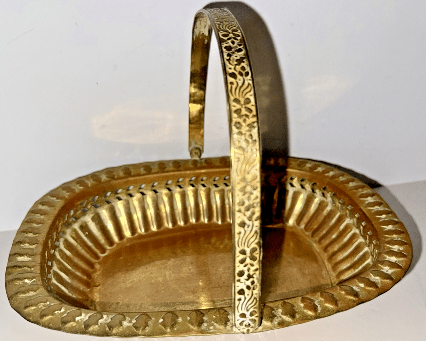 Vintage Brass Basket w/ Handle Embossed Floral w/ Reticulated Band 10 1/4" x 8" - AntiquesEtceteraVintage Brass Basket w/ Handle Embossed Floral w/ Reticulated Band 10 1/4" x 8"UnbrandedAntiquesEtcetera