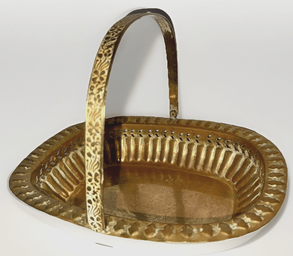 Vintage Brass Basket w/ Handle Embossed Floral w/ Reticulated Band 10 1/4" x 8" - AntiquesEtceteraVintage Brass Basket w/ Handle Embossed Floral w/ Reticulated Band 10 1/4" x 8"UnbrandedAntiquesEtcetera