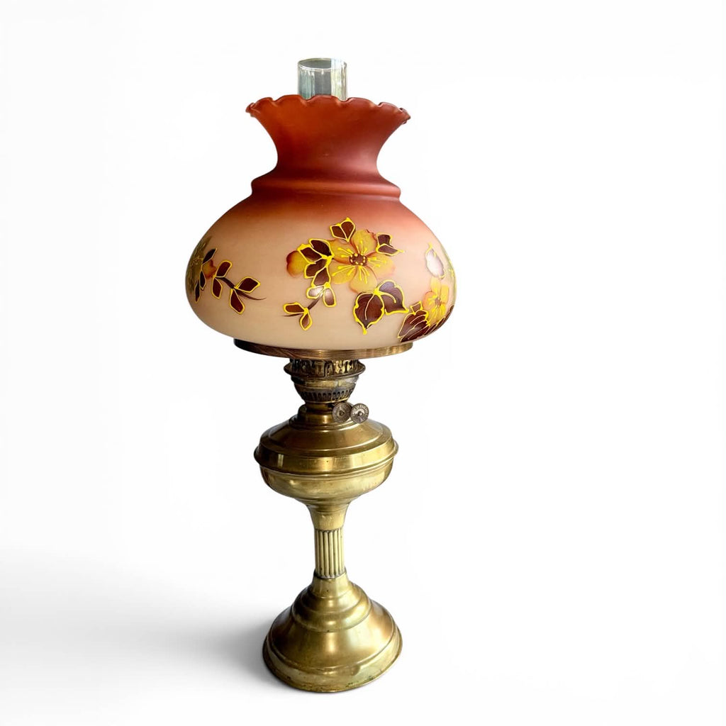 Vintage Brass Oil Lamp w/ Lovely Shade, Chimney, Double - Wick Burner - Complete - AntiquesEtceteraVintage Brass Oil Lamp w/ Lovely Shade, Chimney, Double - Wick Burner - CompleteAntique LightingAntiquesEtceteraAntiquesEtcetera