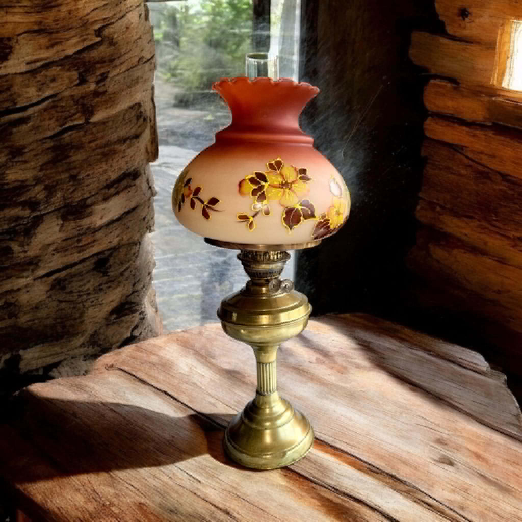 Vintage Brass Oil Lamp w/ Lovely Shade, Chimney, Double - Wick Burner - Complete - AntiquesEtceteraVintage Brass Oil Lamp w/ Lovely Shade, Chimney, Double - Wick Burner - CompleteAntique LightingAntiquesEtceteraAntiquesEtcetera