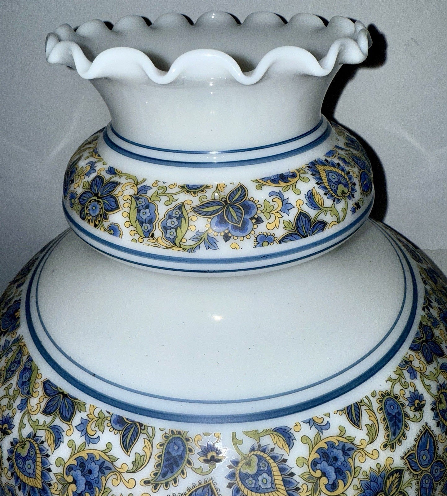 Vintage Glass Lamp Shade 12" Fitter Opaque White / Blue Gold Victorian Motif - AntiquesEtceteraVintage Glass Lamp Shade 12" Fitter Opaque White / Blue Gold Victorian MotifUnbrandedAntiquesEtcetera