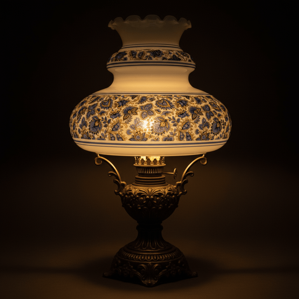 Vintage Glass Lamp Shade 12" Fitter Opaque White / Blue Gold Victorian MotifAntiquesEtcetera