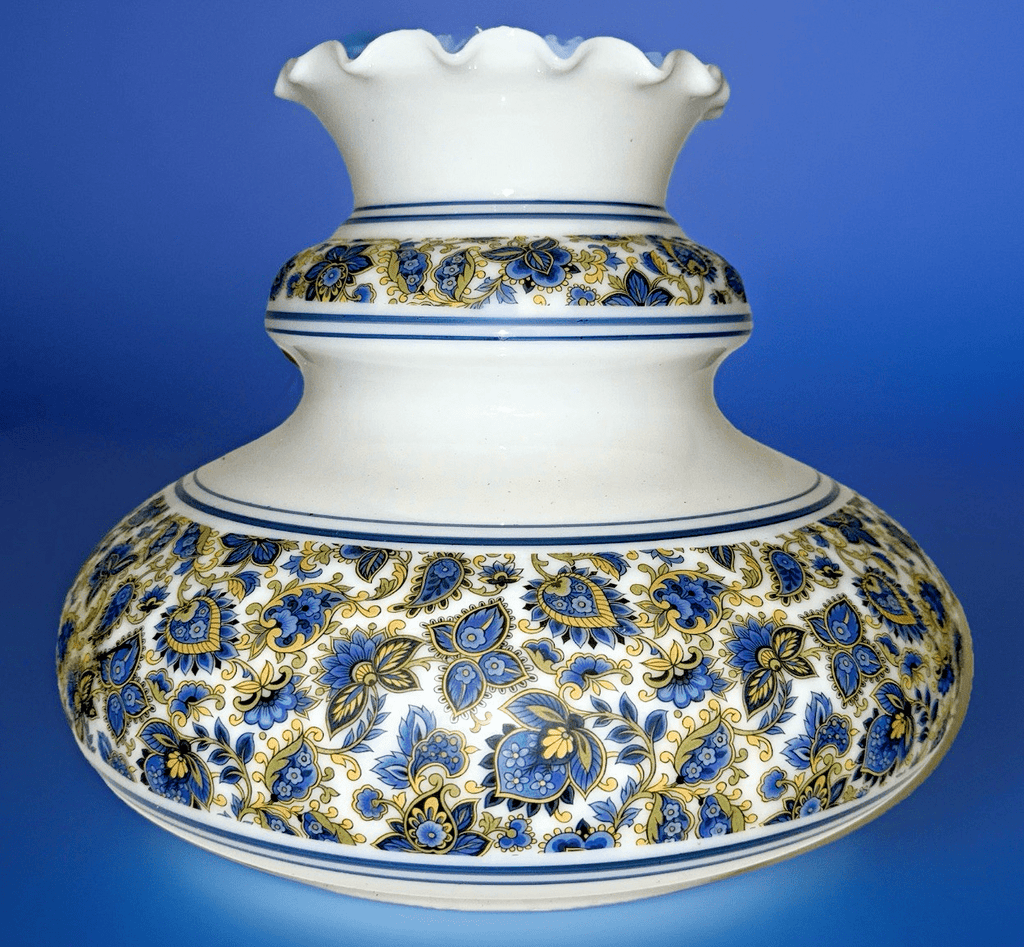 Vintage Glass Lamp Shade 12" Fitter Opaque White / Blue Gold Victorian Motif - AntiquesEtceteraVintage Glass Lamp Shade 12" Fitter Opaque White / Blue Gold Victorian MotifUnbrandedAntiquesEtcetera