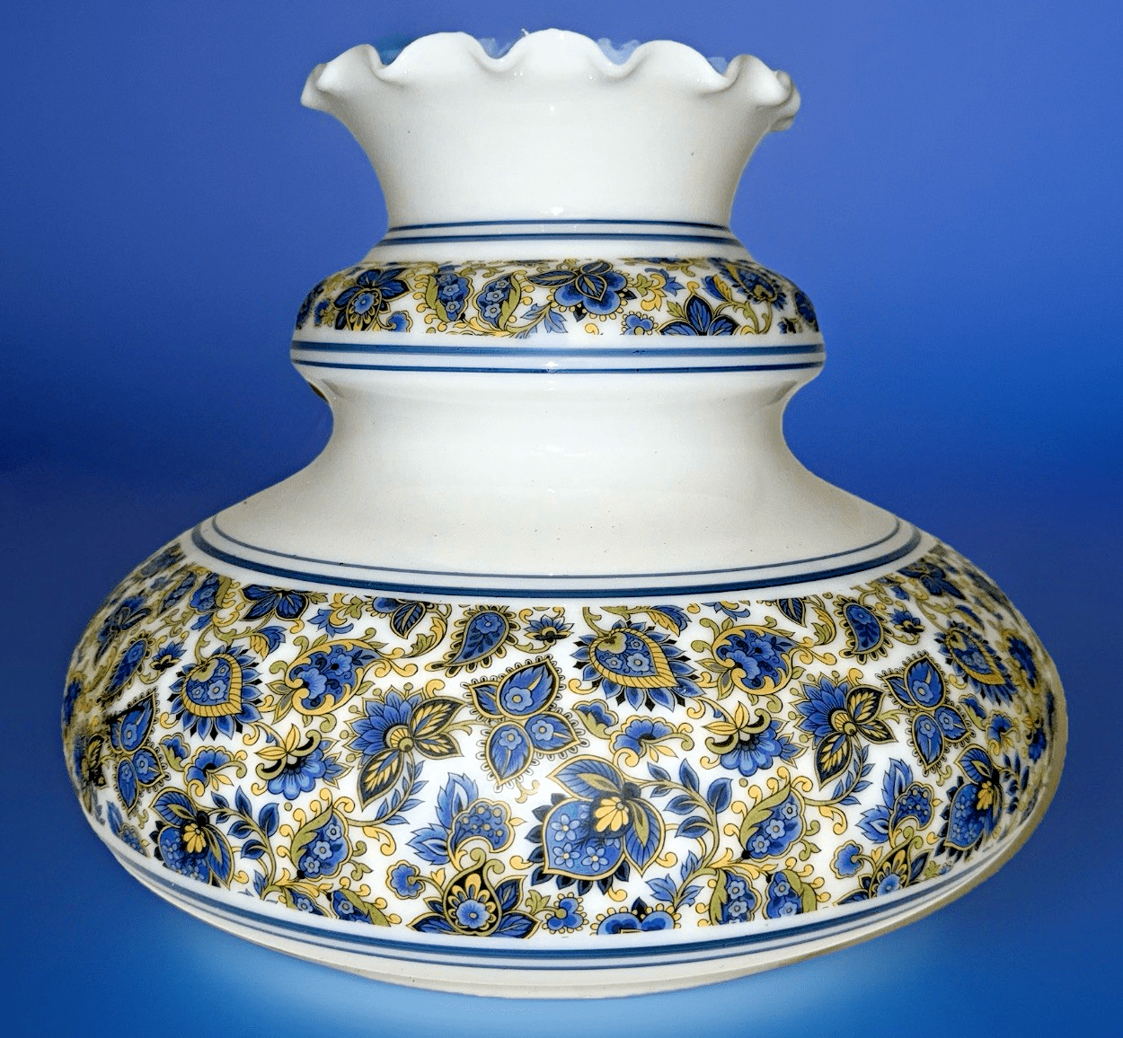 Vintage Glass Lamp Shade 12" Fitter Opaque White / Blue Gold Victorian Motif - AntiquesEtceteraVintage Glass Lamp Shade 12" Fitter Opaque White / Blue Gold Victorian MotifUnbrandedAntiquesEtcetera
