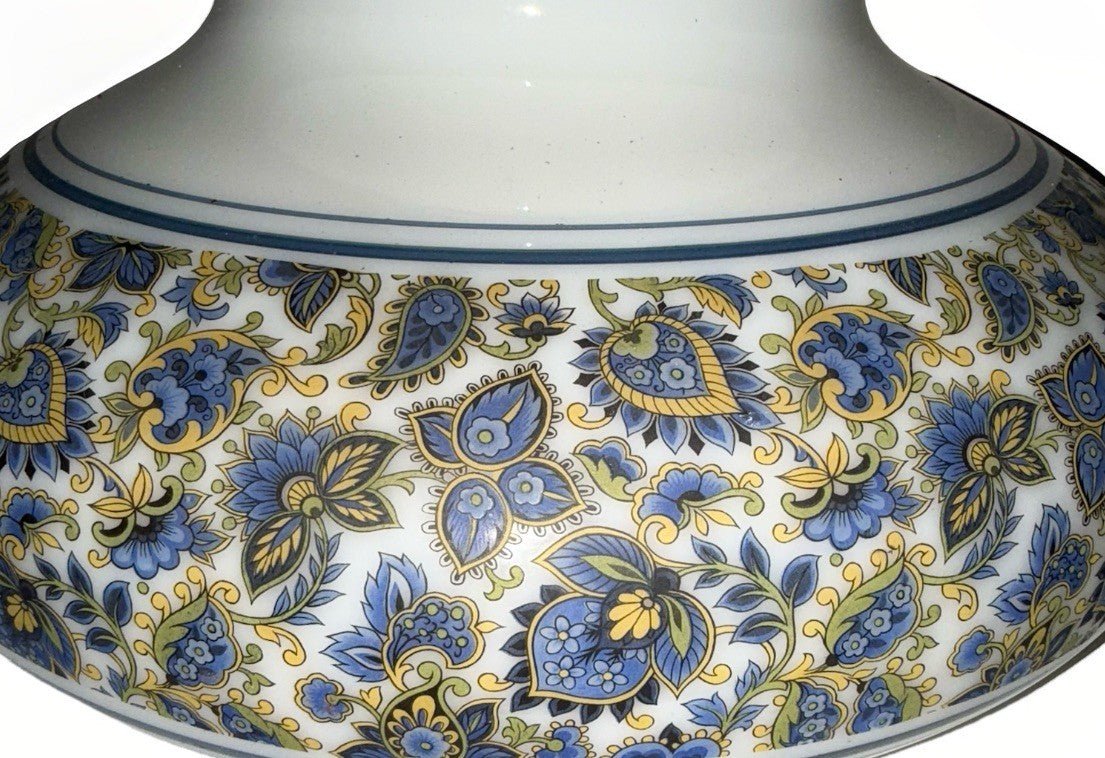 Vintage Glass Lamp Shade 12" Fitter Opaque White / Blue Gold Victorian Motif - AntiquesEtceteraVintage Glass Lamp Shade 12" Fitter Opaque White / Blue Gold Victorian MotifUnbrandedAntiquesEtcetera