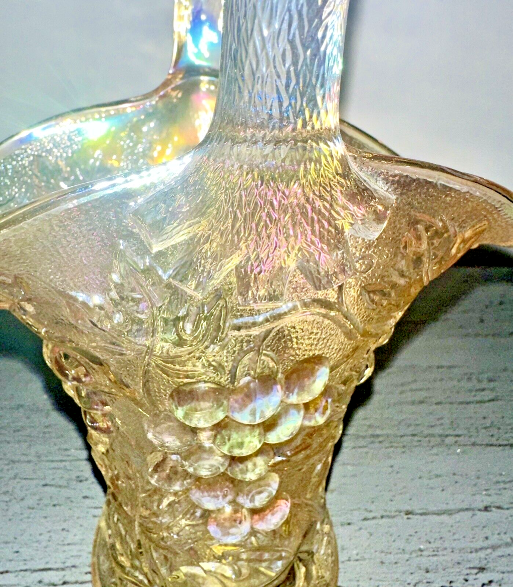 Vintage Imperial Carnival Iridescent Marigold Glass 10" Basket - Grape Clusters - AntiquesEtceteraVintage Imperial Carnival Iridescent Marigold Glass 10" Basket - Grape ClustersImperialAntiquesEtcetera